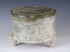 Chinese Han dynasty green glazed terracotta covered censer raised on three hoof feet, with