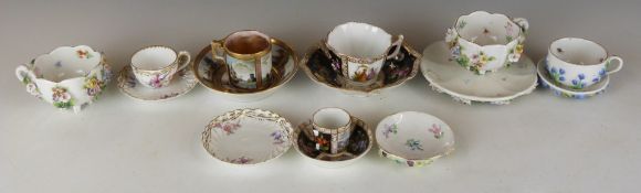 A collection of Dresden / Augustus Rex and Saxe porcelain teaware including flower encrusted,