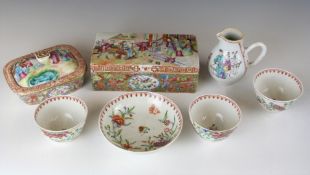A 19th/20thC Canton Chinese porcelain including a covered brush/pen box, soap dish, sparrowbeak jug,
