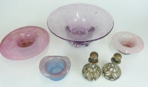 Six pieces of decorative glassware including Monart/ Vasart style bowls, control bubble bowl and a