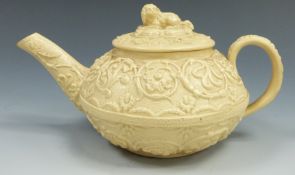 Wedgwood Drabware teapot with spaniel dog finial, length 18cm