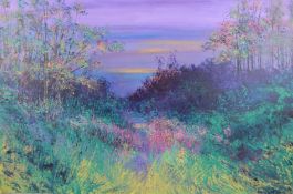 Teresa Cudlipp acrylic on canvas purple landscape, signed lower right, 60 x 90cm