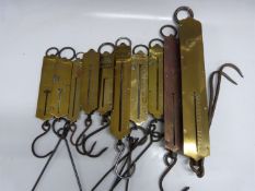 Ten Salter spring balances including 56lb coal balance, 4lb bread balance, 10lb, 6lb, 112lb and