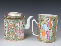 A 19thC Canton Chinese famille rose tankard and teapot with figural decoration, both 13cm