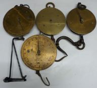 Four Salter spring balances with circular brass dials comprising 250lb, 80T 5lb on wall bracket,