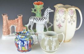 Two Staffordshire spill vases including figural zebra example, ironstone, Caldwell and Crown Devon