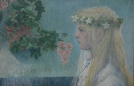 Robert Colier Pre-Raphaelite style oil on board of a bride with flower garland and veil,