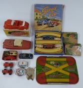 Ten clockwork tinplate and similar vehicles including Speed Cop, Schuco 3000, Tri-ang, Tudor Rose