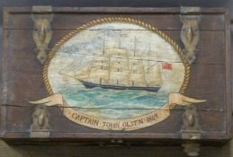 A vintage metal bound painted pine chest with decoration of a sailing ship, 'Maps and Charts,