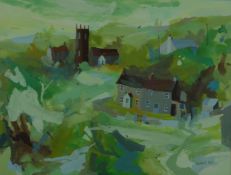 Richard Tuff (b1965) gouache Cornish village scene with church, signed lower right, 36 x 47cm, in