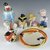 Two Lorna Bailey prototype figures, figural limited edition covered pot, jug etc, tallest 22cm