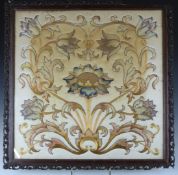 A 19thC Chinese gold thread and silk embroidery of opium poppies, in ornate hardwood frame