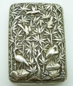 Chinese white metal cigarette case by Wang Hing, with embossed decoration of birds in bamboo, 8.5