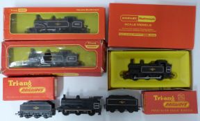 Six Hornby and Tri-ang Hornby 00 gauge model railway tank locomotives, most in boxes.