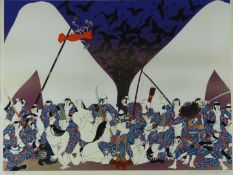 Hideo Takeda (Japanese b1948) signed limited edition 128/185 print of soldiers with naked women,
