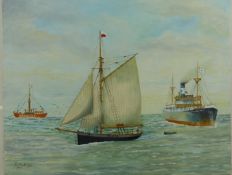 Eric Aldridge (Arlingham, Gloucestershire) three acrylic on board maritime studies, one depicting