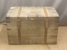 A large 19thC metal bound seaman's or silver chest with two loop drop handles either end and felt