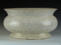 A large pedestal bulbous jardinière with flared neck and speckled decorative glaze, W53 x D33 x