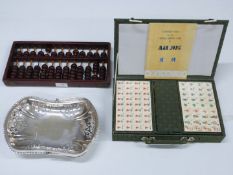 Chinese Mah Jong set, hardwood abacus, plated basket and toast rack