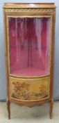 19thC French oak glazed bow fronted cabinet with ormolu mounts, lined interior and Watteau decorated