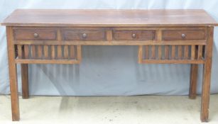 Mahogany or similar desk or side table fitted three drawers and slatted decoration below, W159 x D59