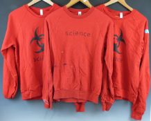 Three red Damien Hirst/ Science sweatshirts with Hirst spot design to sleeves and logos front and