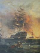 19th/20thC large oil on canvas of an 18th/19thC Naval battle with at least three Royal Navy ships of