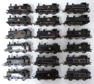 Eighteen Tri-ang, Hornby and similar 00 gauge model railway BR 0-6-0T tank locomotives.
