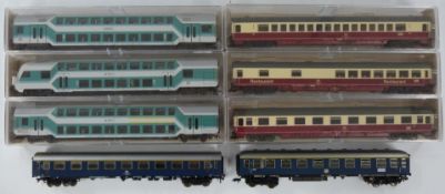 Eight Fleischmann 00 gauge model railway coaches including observer cars.