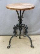 Victorian cast iron table with circular mahogany top, H68 diameter 46cm