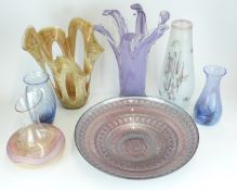 Seven pieces of Murano, Caithness and similar vases and bowls, largest 34cm tall, one in original