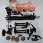 Manfrotto 190B camera tripod together with two 143 arms, two Leitz heads, Manfrotto parts etc