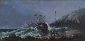 William Anslow Thornley (1847-1907) maritime oil on canvas crowd gathering on the quayside with boat