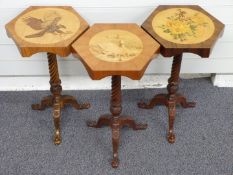 Four marquetry octagonal side tables with eagle, swan with cygnets and rose decoration, two signed J