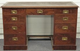 19th/20thC campaign style oak and mahogany desk, W 129 x D 54 x H 78cm