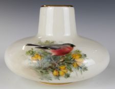 Royal Worcester porcelain squat pedestal vase decorated with a bullfinch, signed H Powell, H7cm