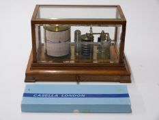 Oak cased barograph, with thermometer, under hinged bevelled glass cover with drawer below, W 36 x D