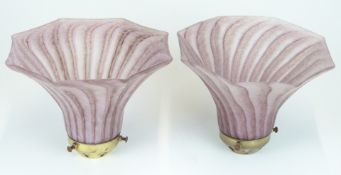 A pair of Christopher Wray Art Deco style octagonal mottled purple glass lamp shades with swirling