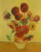 Carlos Aguirre oil on canvas after Vincent Van Gogh still life of sunflowers in a vase, 92 x 72cm,
