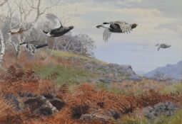 John Cyril Harrison (1898-1985) watercolour black grouse in a highland landscape, signed lower
