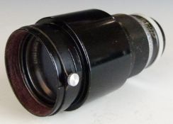Leitz Telyt f=20cm 1:4.5 camera lens having Leica type screw mount, with rear cover and lens hood