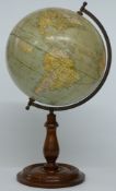 Bacon's Excelsior 12 inch globe on turned wooden stand