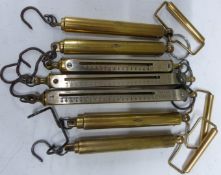Four Abbot Birks Salter fish weighing or similar spring balances together with three examples with