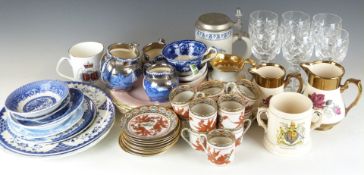 A collection of ceramics and glass including Royal Winton plates, a set of six cut wine glasses,
