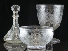 Tudor Crystal cut glass and engraved decanter, large goblet shaped wine cooler/vase and a pedestal