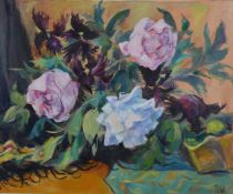 Sue Wales (b 1942) oil on canvas still life 'Black Parrot Tulips and Peonies', monogrammed lower