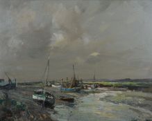 Jack Cox (1914-2007) Norfolk Broads or similar estuary scene with boats, signed lower left, 38 x