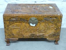Small Chinese camphorwood chest with carved decoration, W51cm