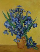 Carlos Aguirre oil on canvas after Vincent Van Gogh still life of blue irises in a vase, 92 x