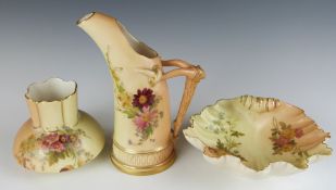 Three pieces of Royal Worcester blush ivory porcelain including a tusk vase, tallest 15.5cm